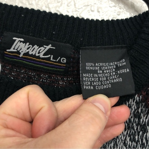 Impact Men’s Diamond Geometric Grandpa Crewneck Sweater Leather Detailing Large - Picture 3 of 3